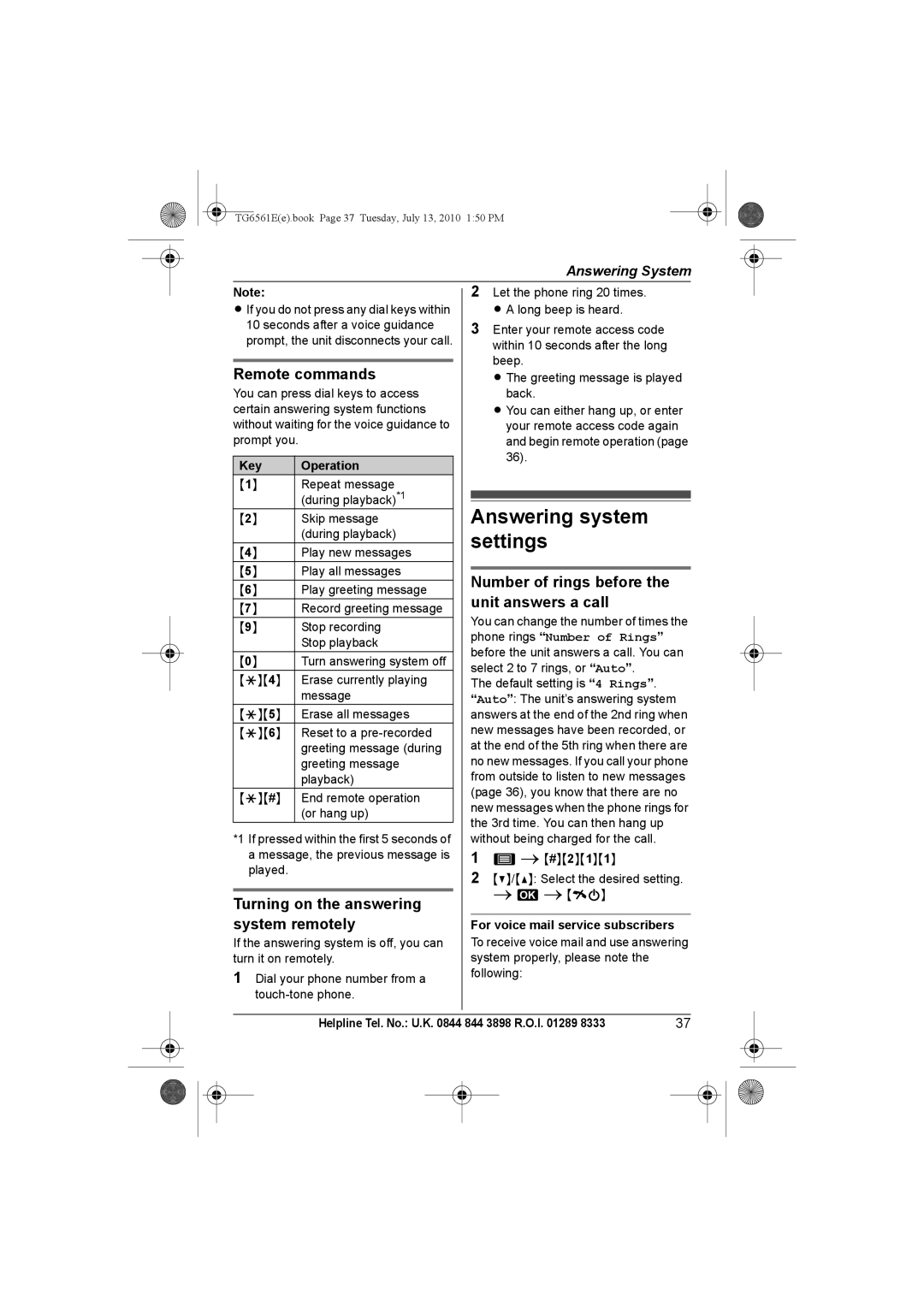 Panasonic KX-TG6561E, KX-TG6562E Answering system settings, Remote commands, Turning on the answering system remotely 