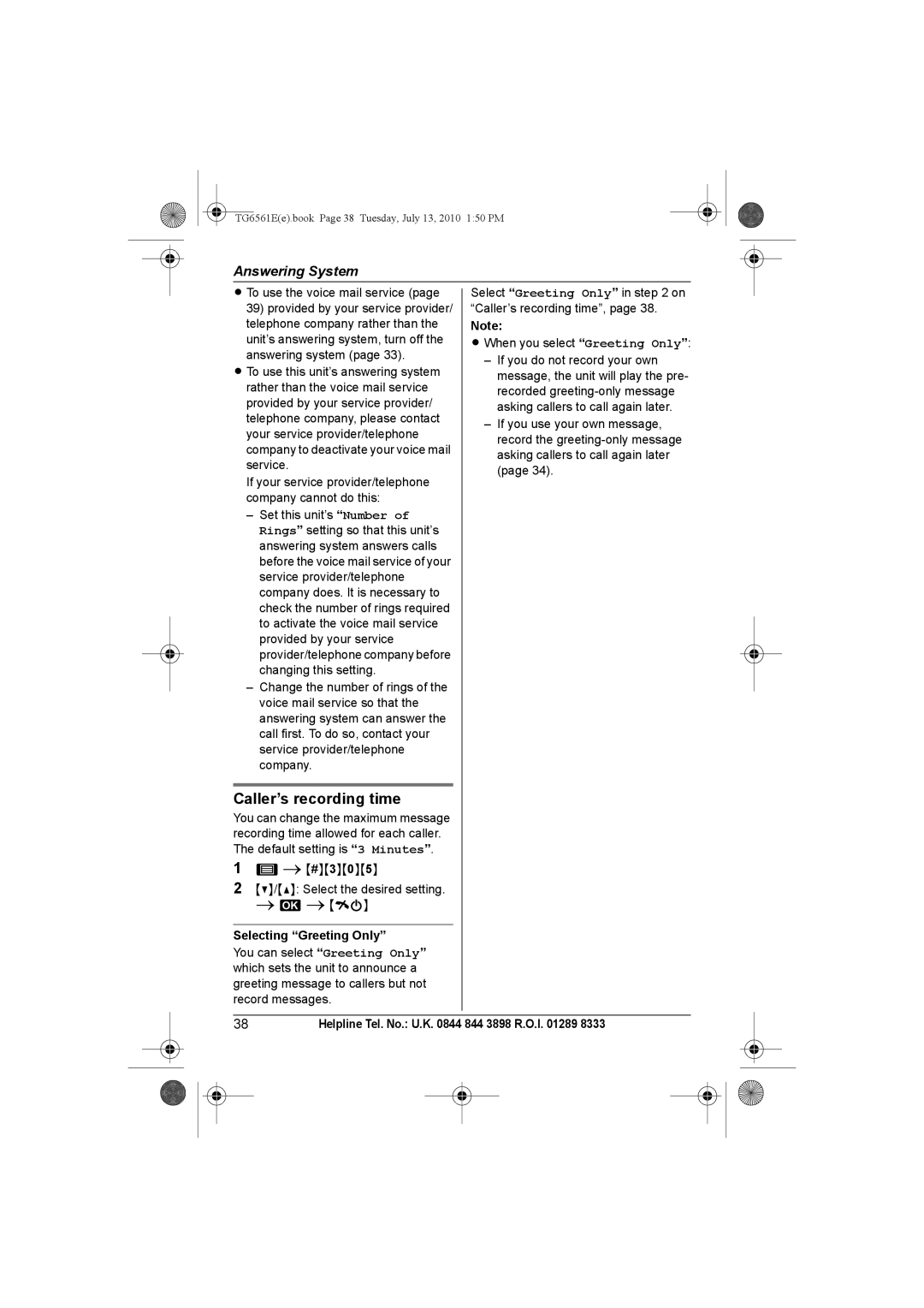 Panasonic KX-TG6562E, KX-TG6561E operating instructions Caller’s recording time, Selecting Greeting Only 