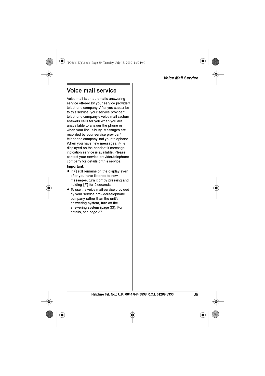 Panasonic KX-TG6561E, KX-TG6562E operating instructions Voice mail service 