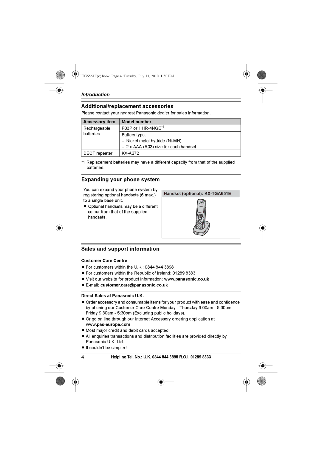 Panasonic KX-TG6562E Additional/replacement accessories, Expanding your phone system, Sales and support information 