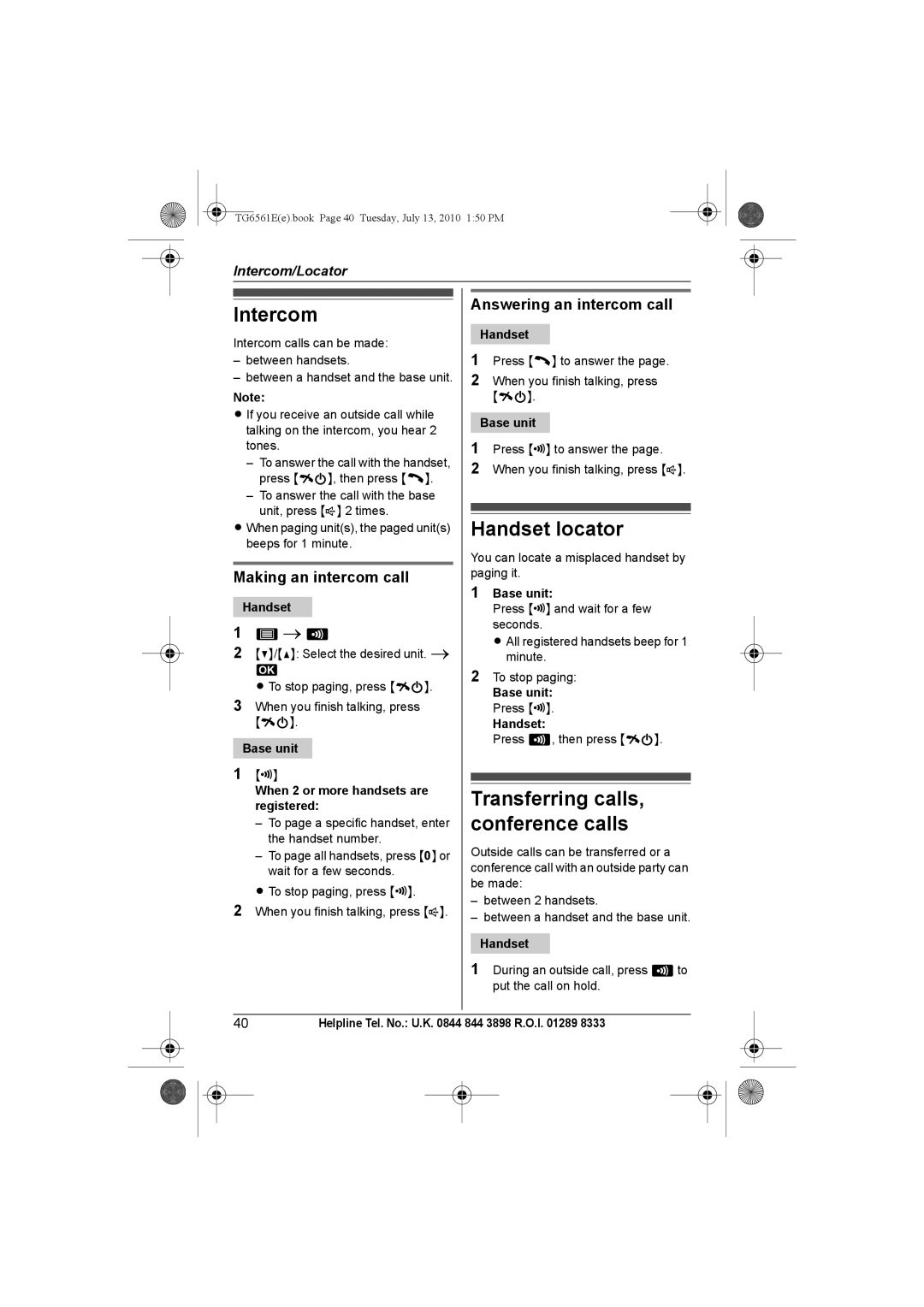 Panasonic KX-TG6562E, KX-TG6561E Intercom, Handset locator, Transferring calls, conference calls, Making an intercom call 