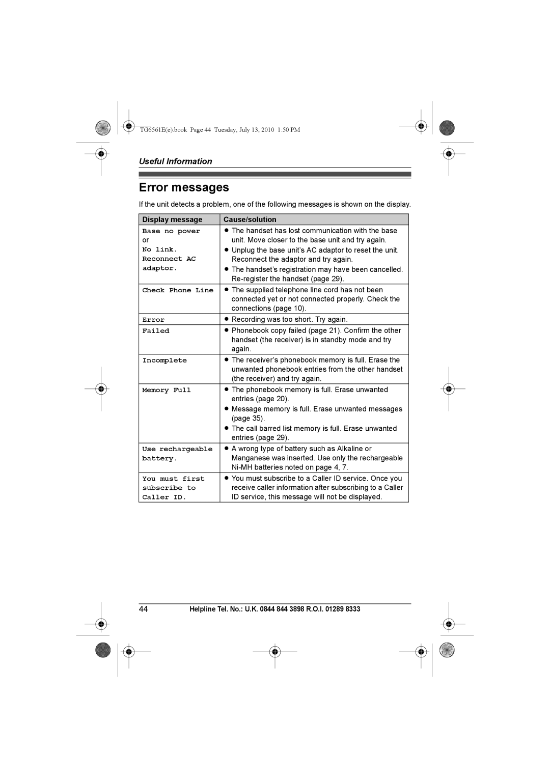 Panasonic KX-TG6562E, KX-TG6561E operating instructions Error messages, Display message Cause/solution 