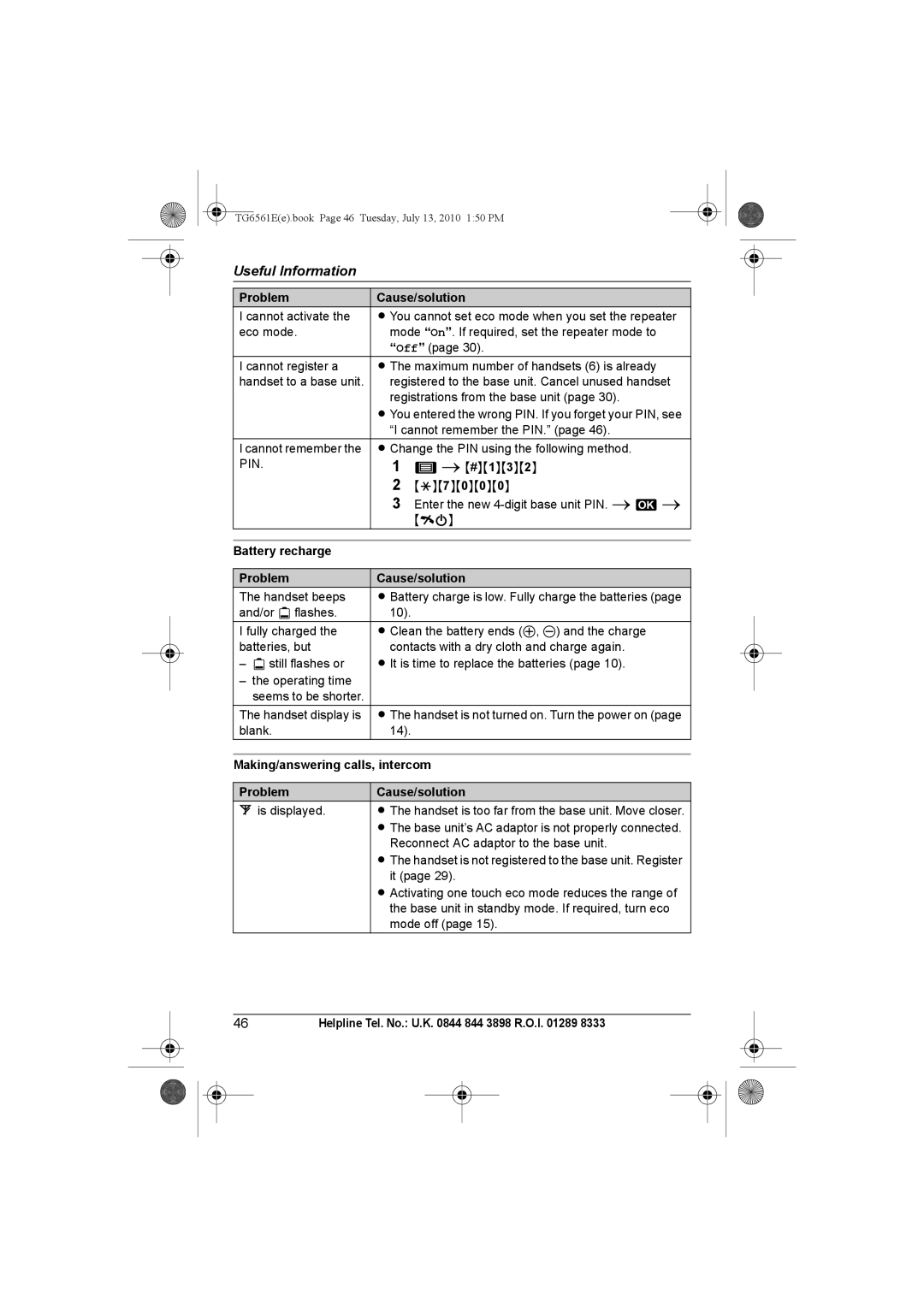 Panasonic KX-TG6562E, KX-TG6561E Battery recharge Problem Cause/solution, Making/answering calls, intercom 