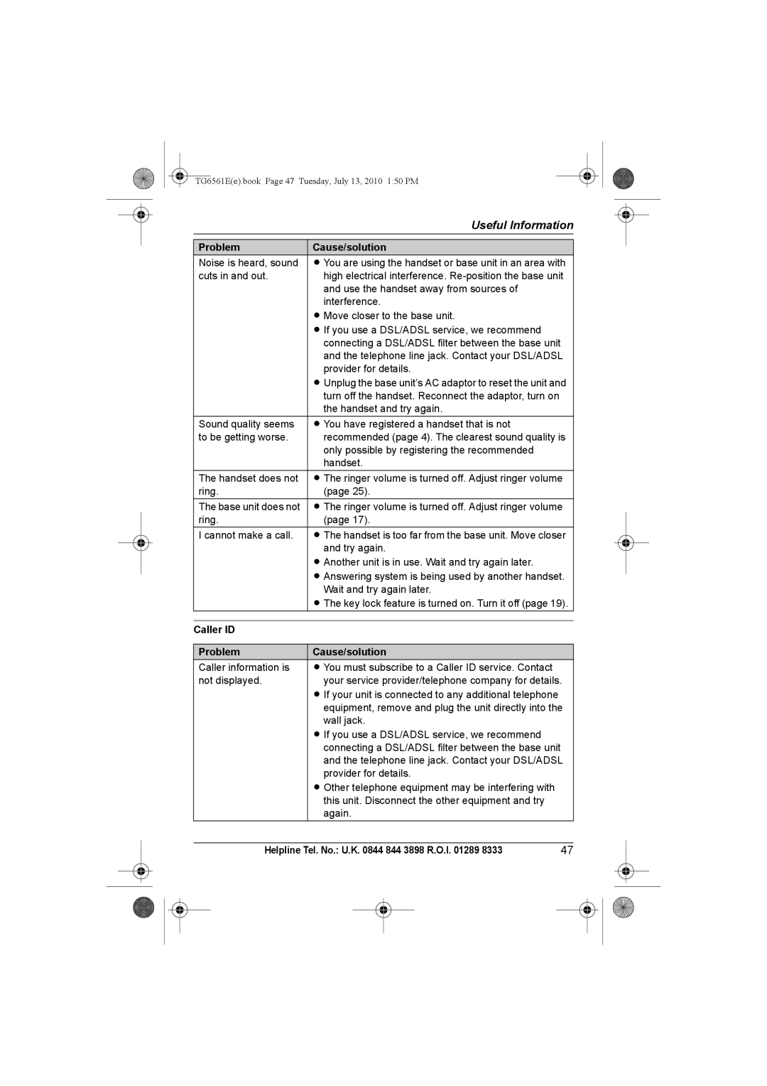 Panasonic KX-TG6561E, KX-TG6562E operating instructions Caller ID Problem Cause/solution 