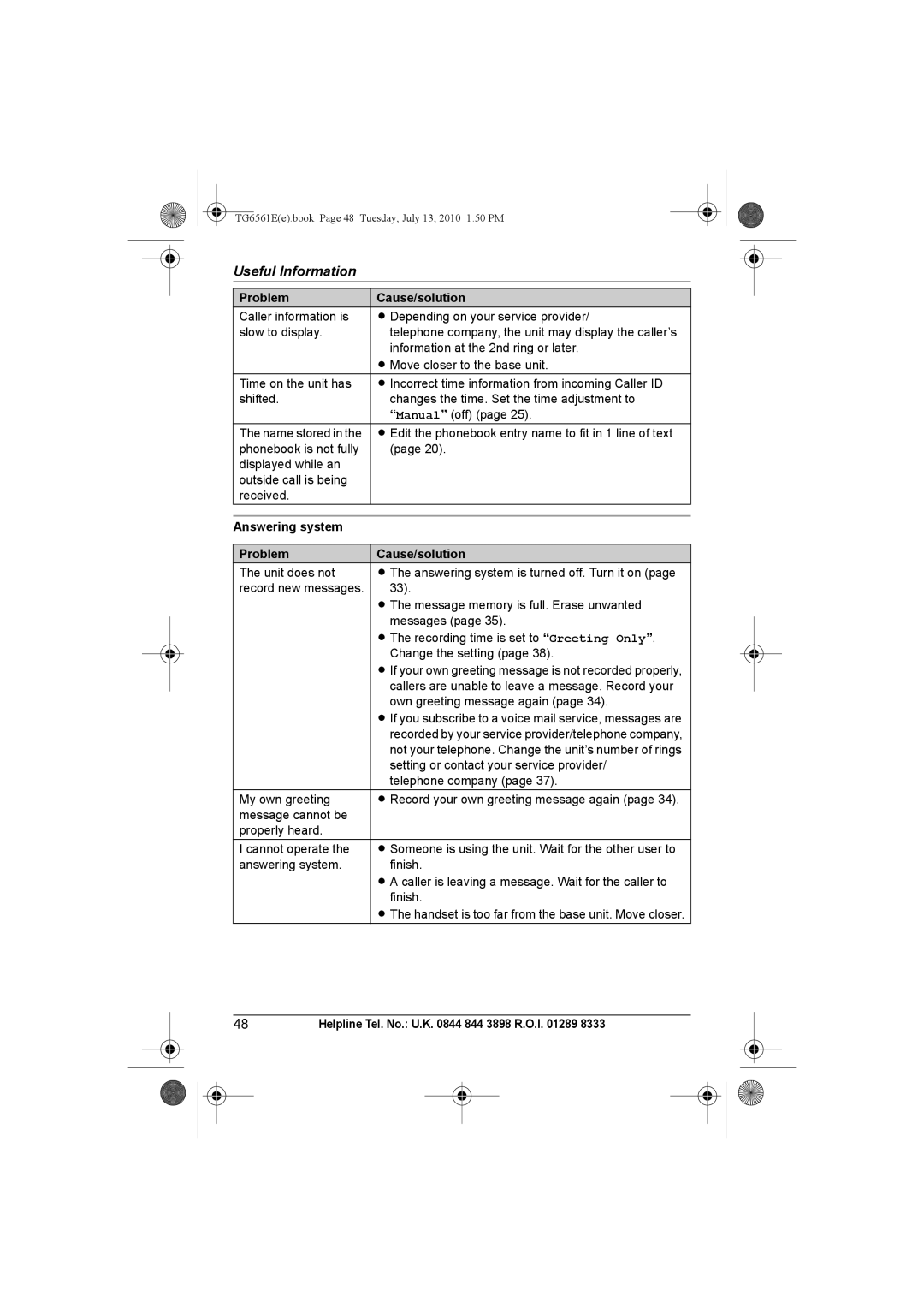 Panasonic KX-TG6562E, KX-TG6561E operating instructions Answering system Problem Cause/solution, Own greeting message again 