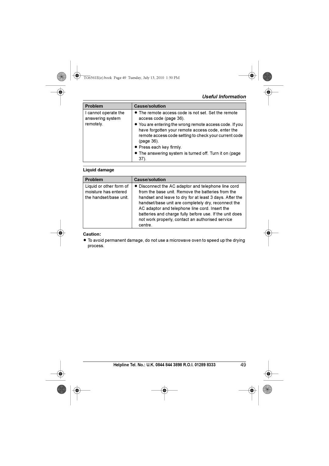 Panasonic KX-TG6561E, KX-TG6562E operating instructions Liquid damage Problem Cause/solution 