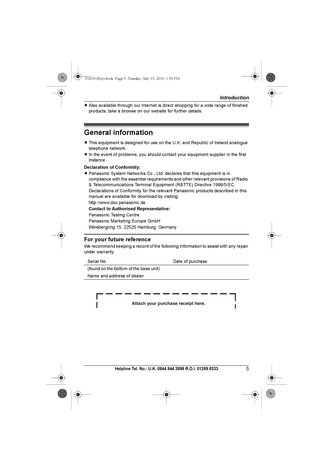 Panasonic KX-TG6561E, KX-TG6562E General information, For your future reference, Declaration of Conformity 