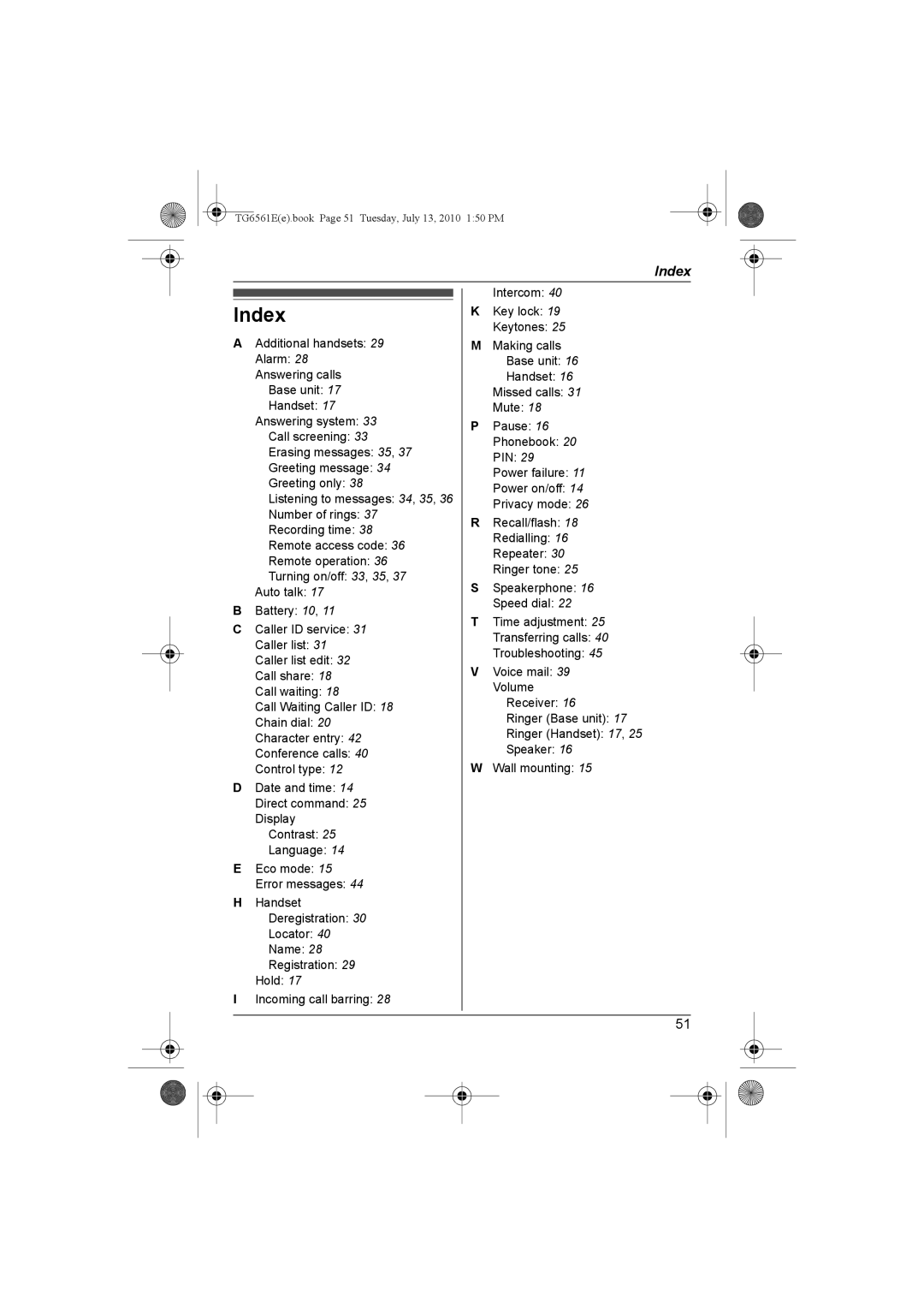 Panasonic KX-TG6561E, KX-TG6562E operating instructions Index 