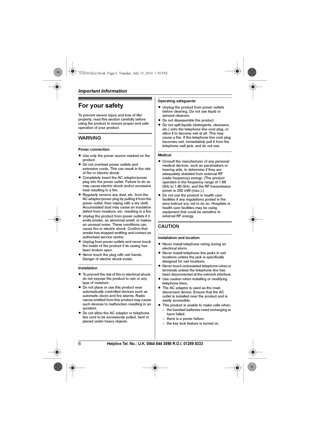 Panasonic KX-TG6562E, KX-TG6561E operating instructions For your safety 