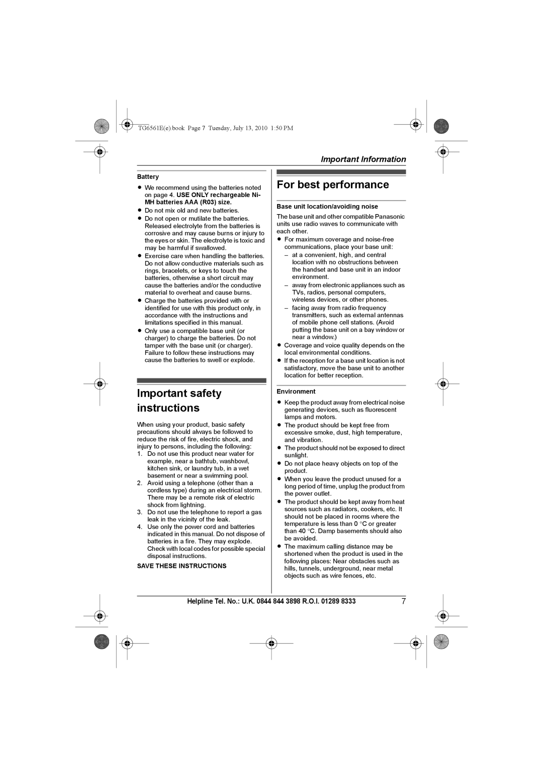 Panasonic KX-TG6561E, KX-TG6562E operating instructions Important safety instructions 