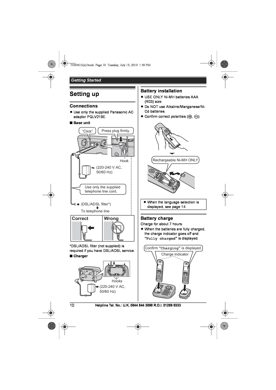 Panasonic KX-TG6562E Setting up, Connections, Correct, Wrong, Battery installation, Battery charge, Getting Started 