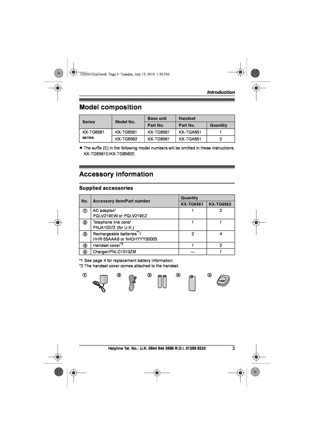 Panasonic KX-TG6561E Model composition, Accessory information, Supplied accessories, Introduction, Series, Model No 