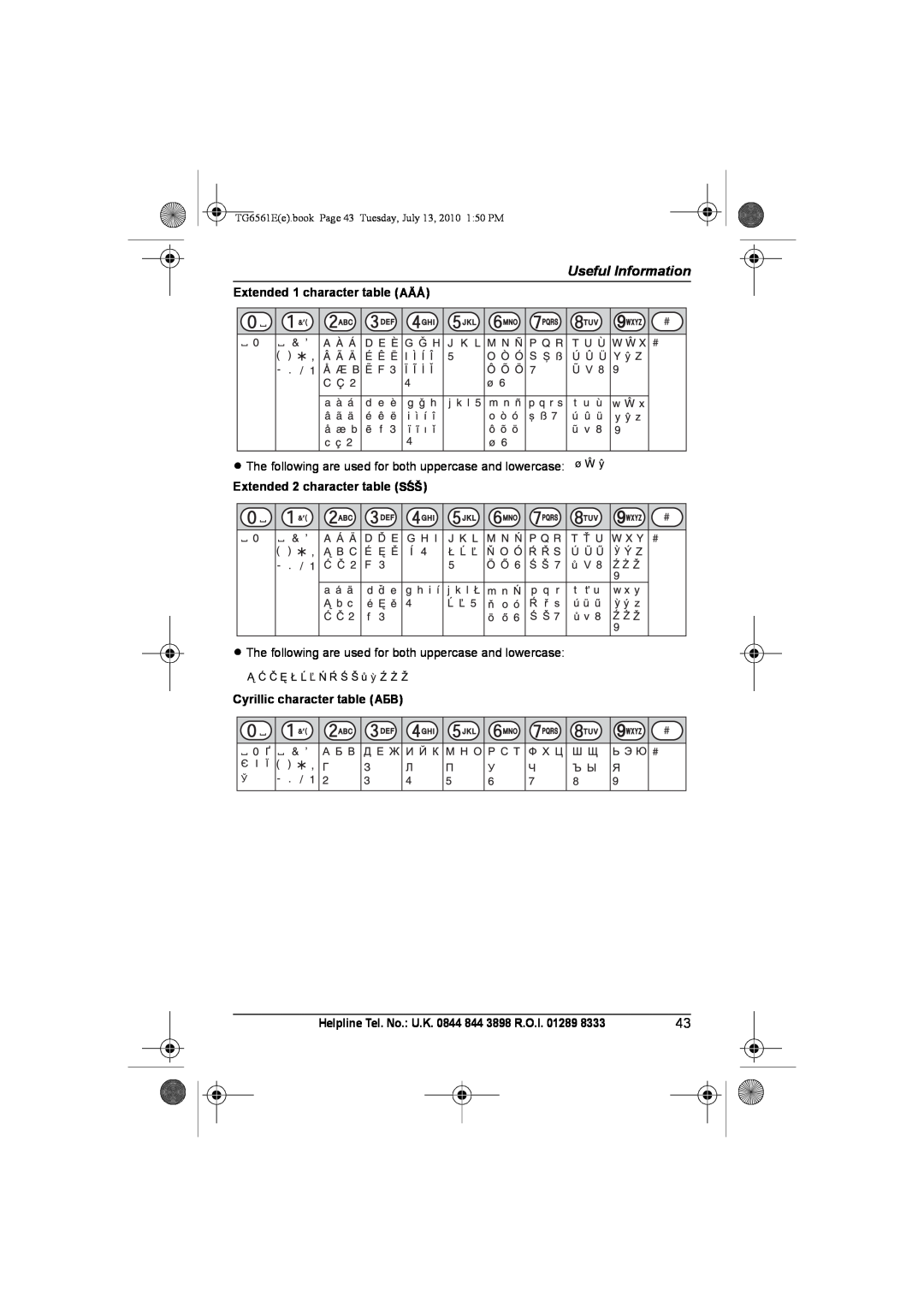Panasonic KX-TG6561E, KX-TG6562E Useful Information, Extended 1 character table N, Extended 2 character table O 