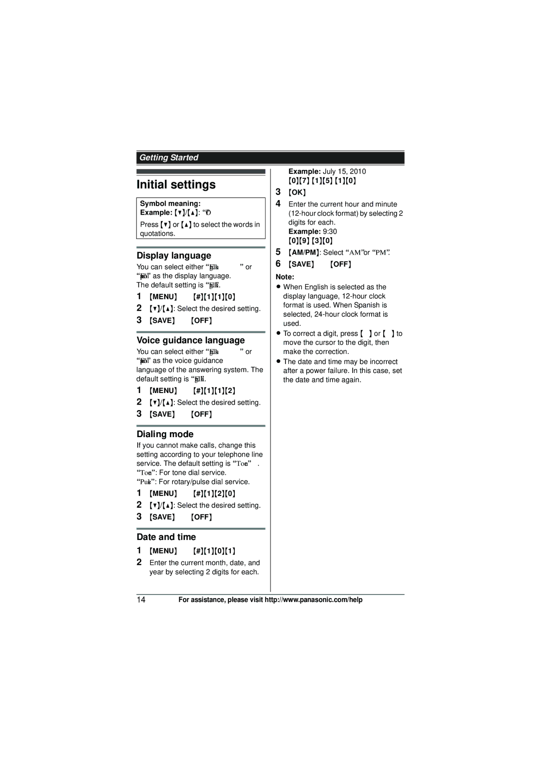 Panasonic KX-TG6582T Initial settings, Display language, Voice guidance language, Dialing mode, Date and time 