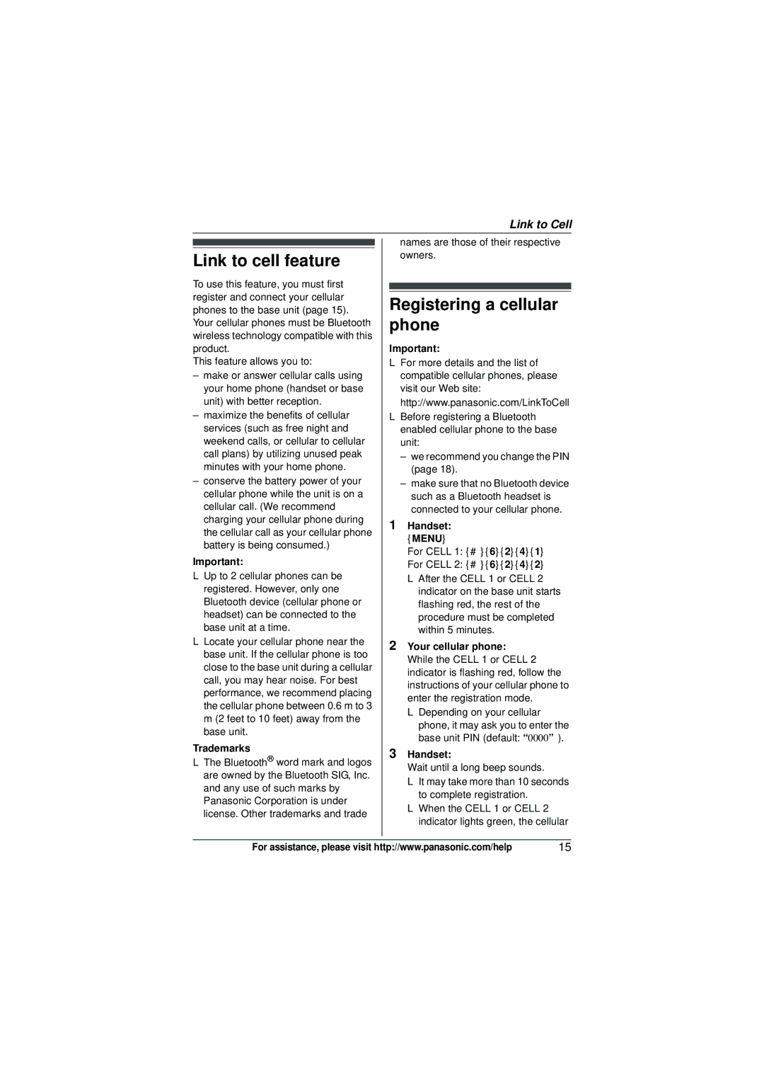 Panasonic KX-TG6582T operating instructions Link to cell feature, Registering a cellular phone, Trademarks, Handset Menu 