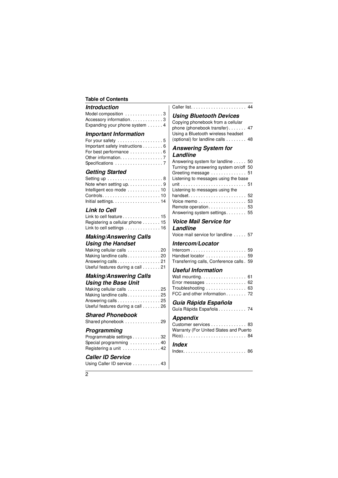 Panasonic KX-TG6582T Introduction, Important Information, Getting Started, Link to Cell, Shared Phonebook, Programming 