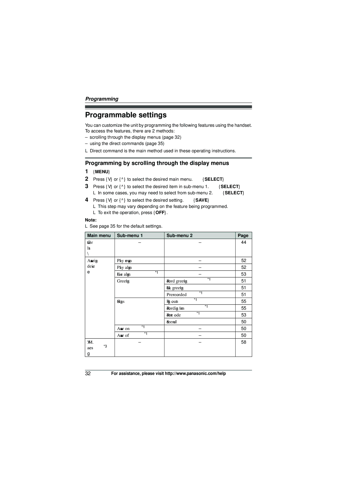 Panasonic KX-TG6582T Programmable settings, Programming by scrolling through the display menus, Main menu Sub-menu 