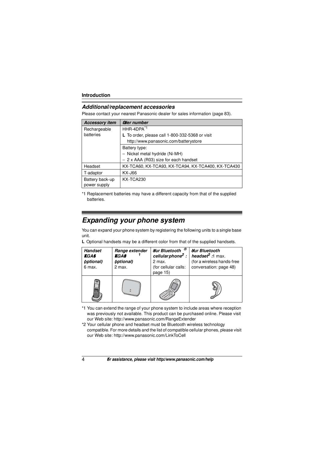 Panasonic KX-TG6582T operating instructions Expanding your phone system, Additional/replacement accessories 