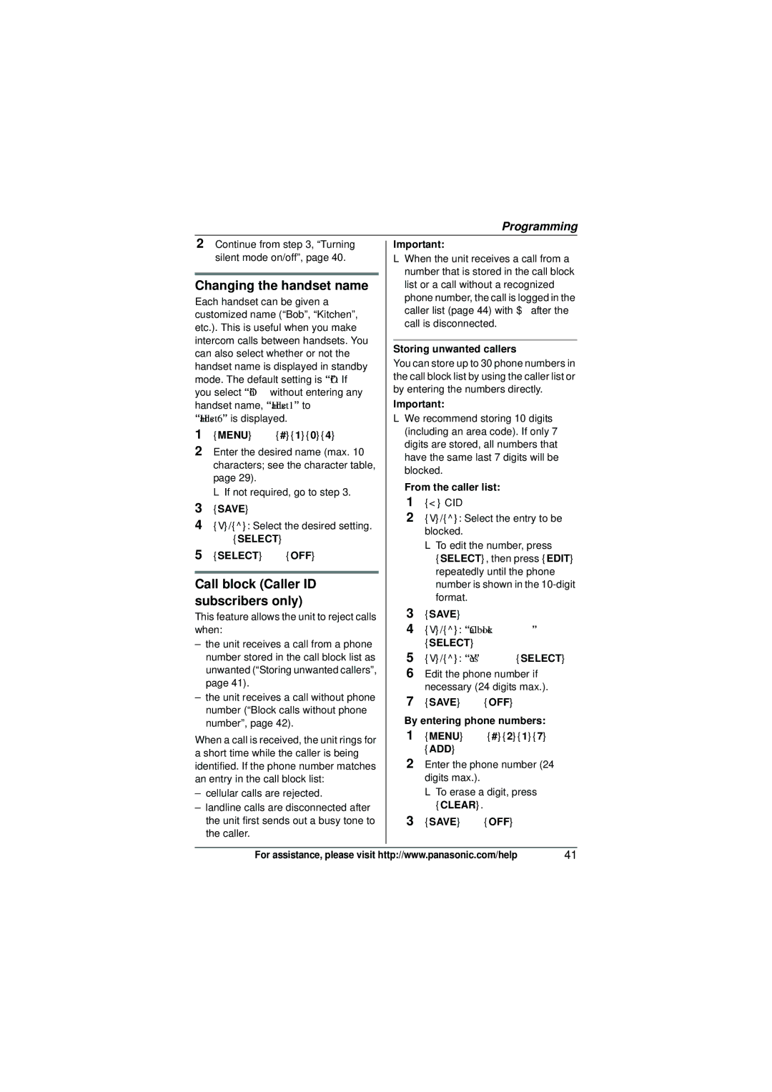 Panasonic KX-TG6582T operating instructions Changing the handset name, Call block Caller ID subscribers only 