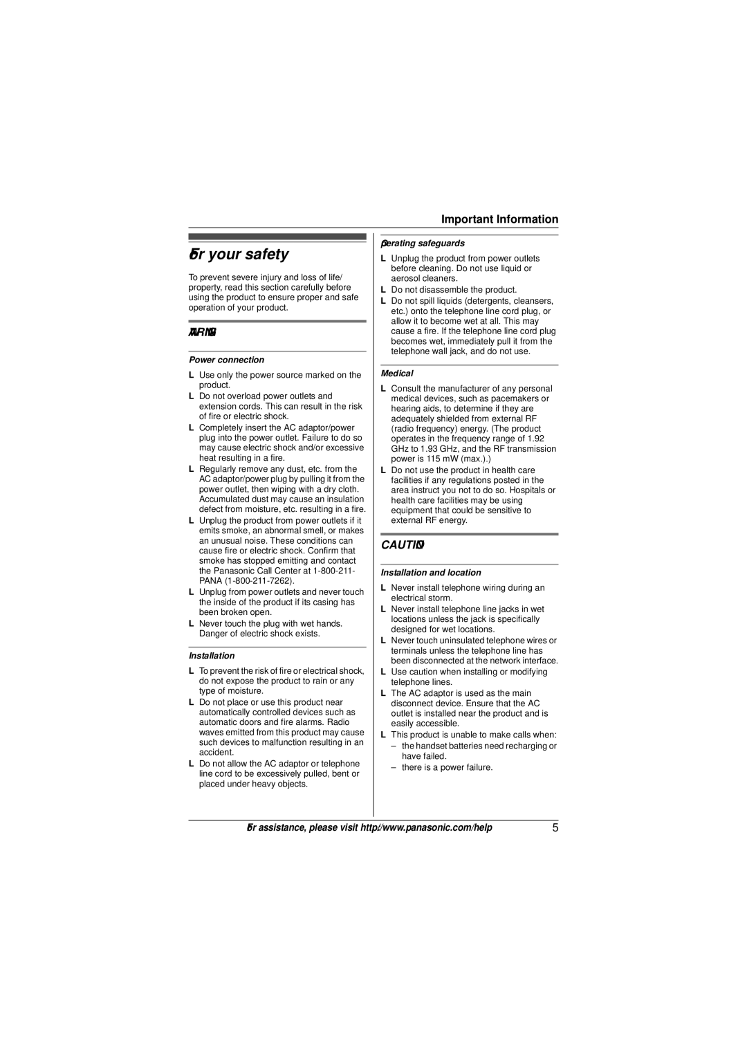 Panasonic KX-TG6582T operating instructions For your safety 