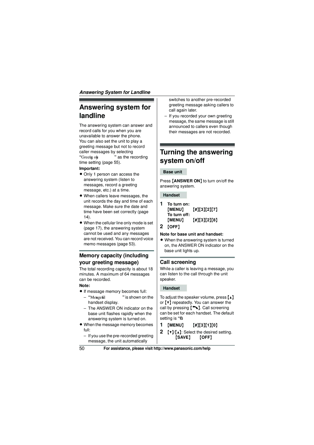 Panasonic KX-TG6582T Answering system for landline, Turning the answering system on/off, Call screening 