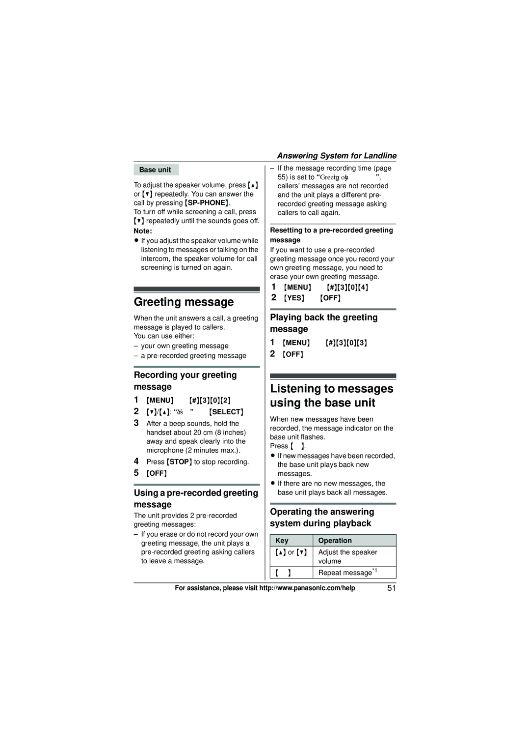 Panasonic KX-TG6582T operating instructions Greeting message, Listening to messages using the base unit 