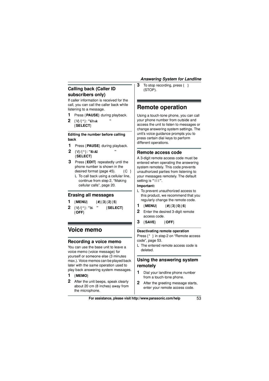 Panasonic KX-TG6582T operating instructions Voice memo, Remote operation 