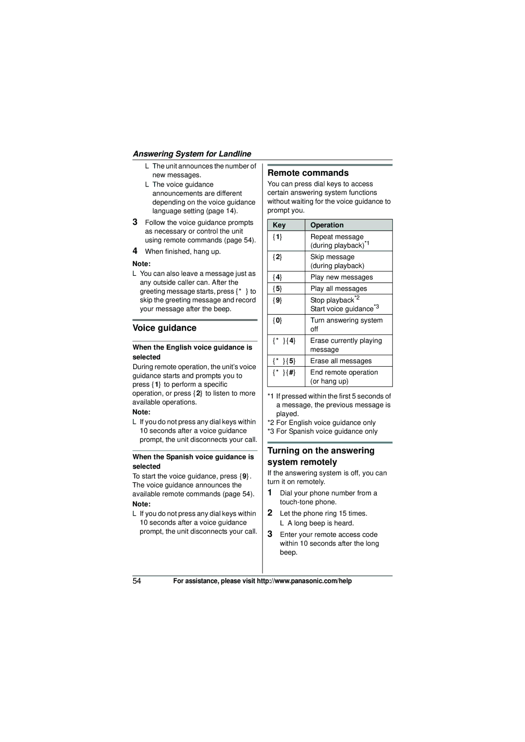 Panasonic KX-TG6582T operating instructions Voice guidance, Remote commands, Turning on the answering system remotely 