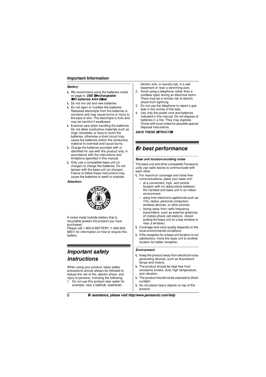 Panasonic KX-TG6582T operating instructions Important safety instructions 