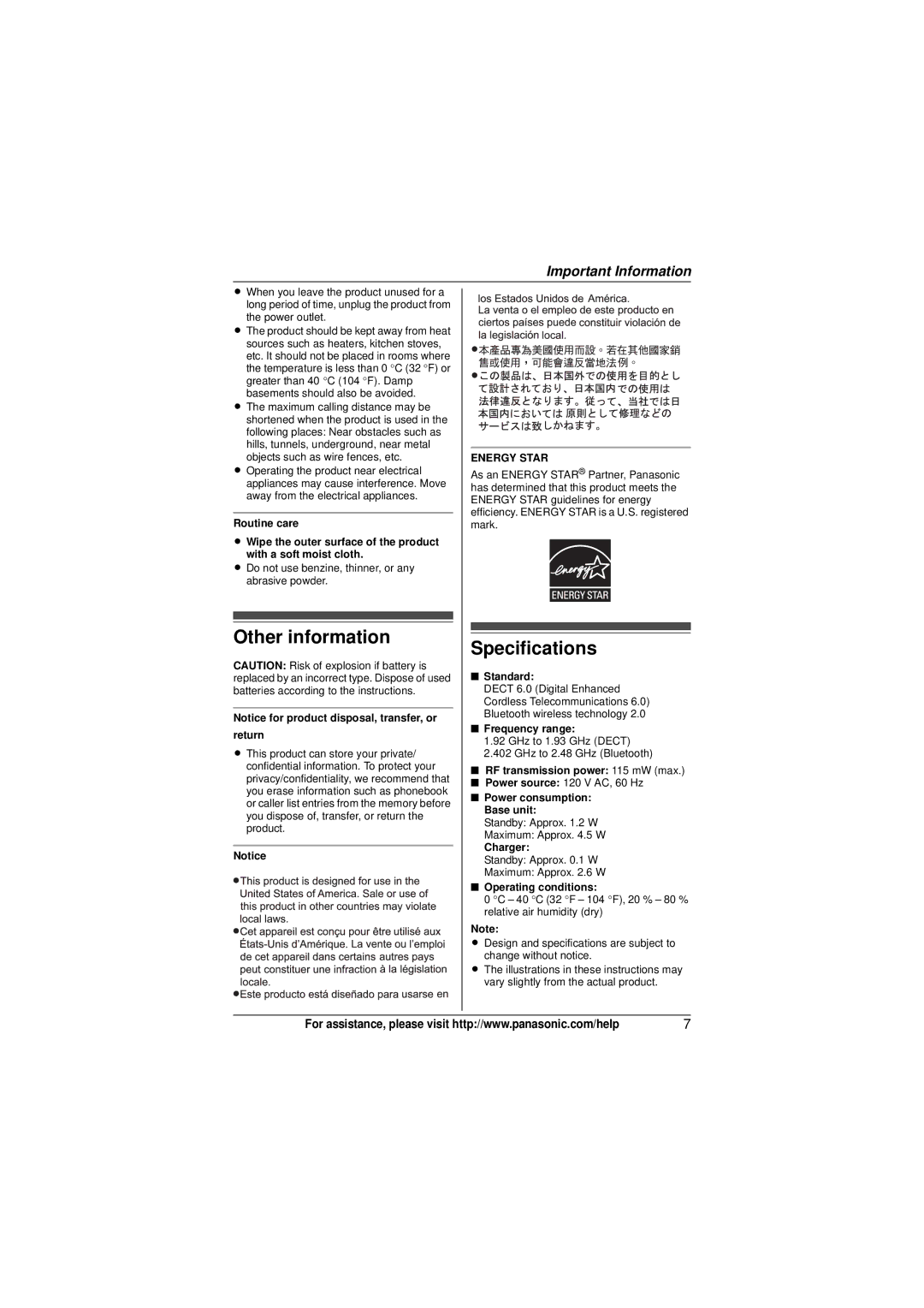 Panasonic KX-TG6582T operating instructions Other information 