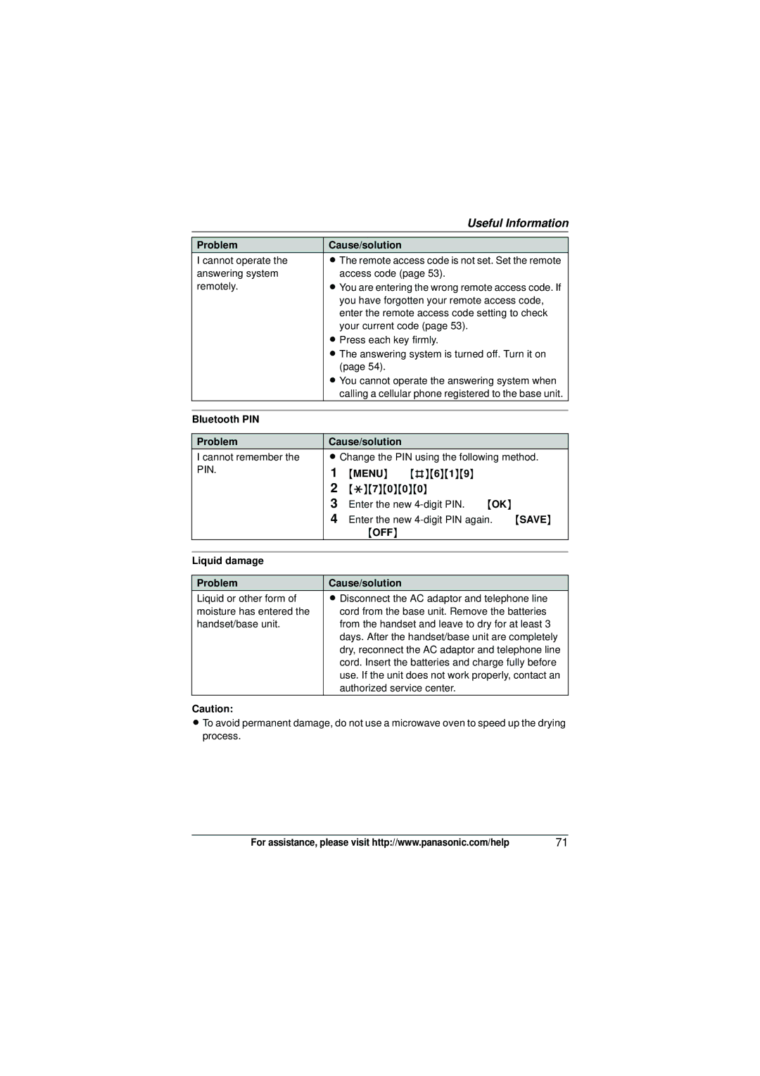 Panasonic KX-TG6582T Bluetooth PIN Problem Cause/solution, Ioff, Liquid damage Problem Cause/solution 