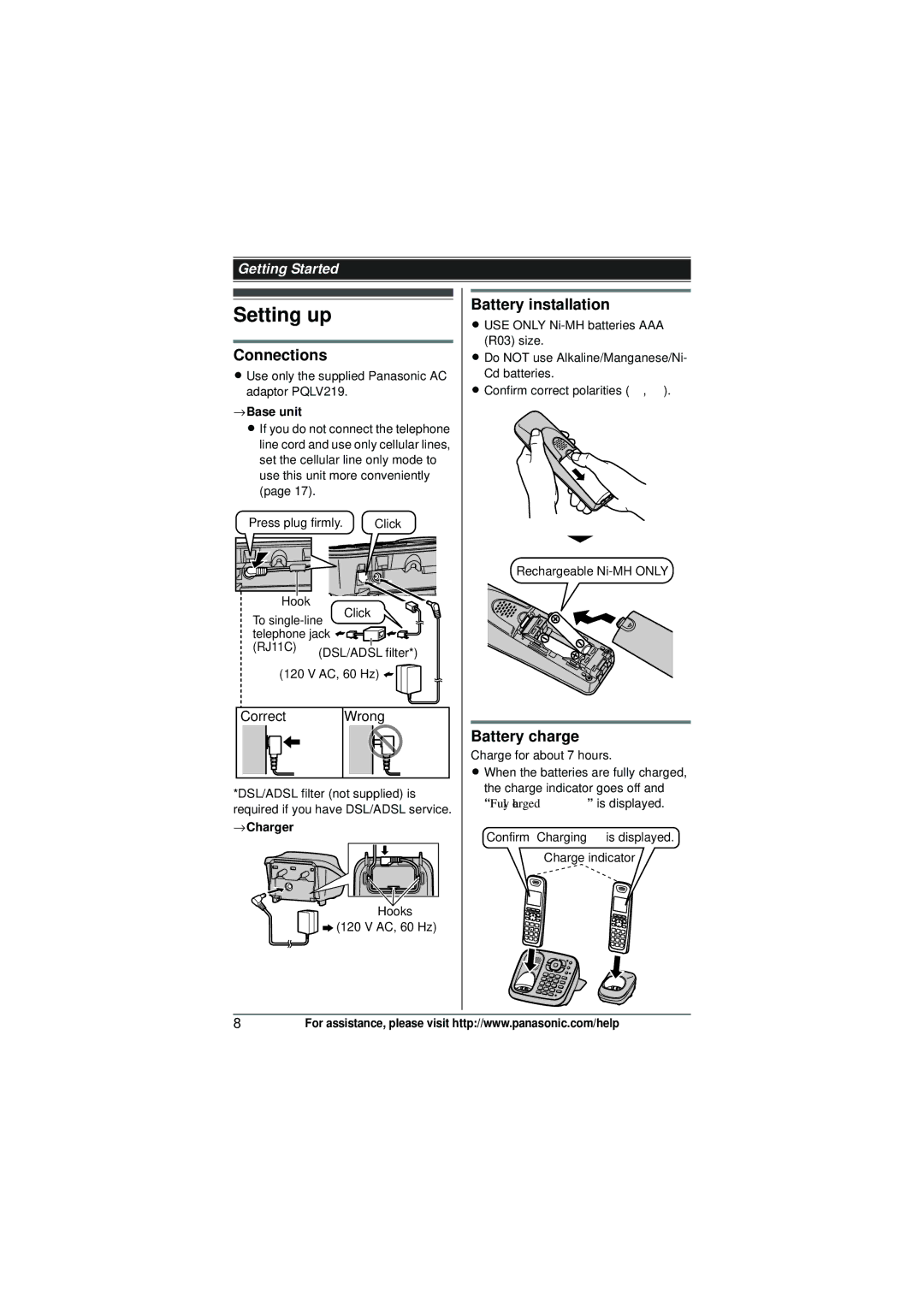 Panasonic KX-TG6582T operating instructions Setting up, Connections, Battery installation, Battery charge, Charger 