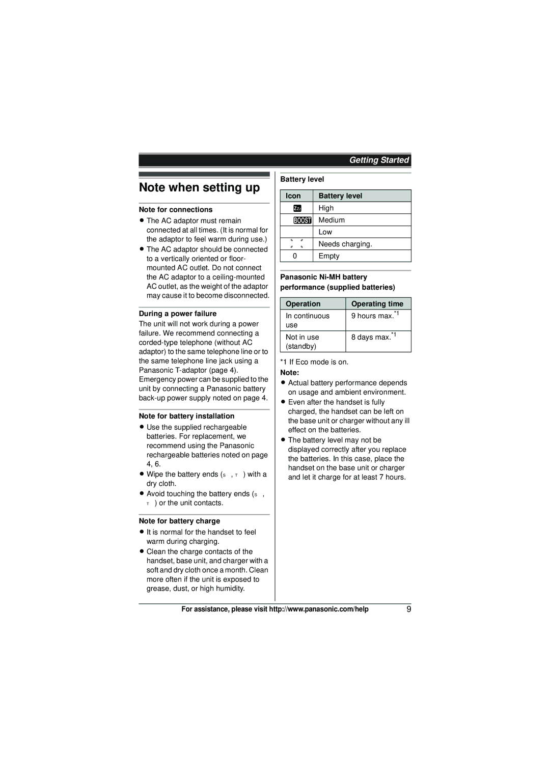 Panasonic KX-TG6582T operating instructions During a power failure, Battery level Icon, Operation Operating time 