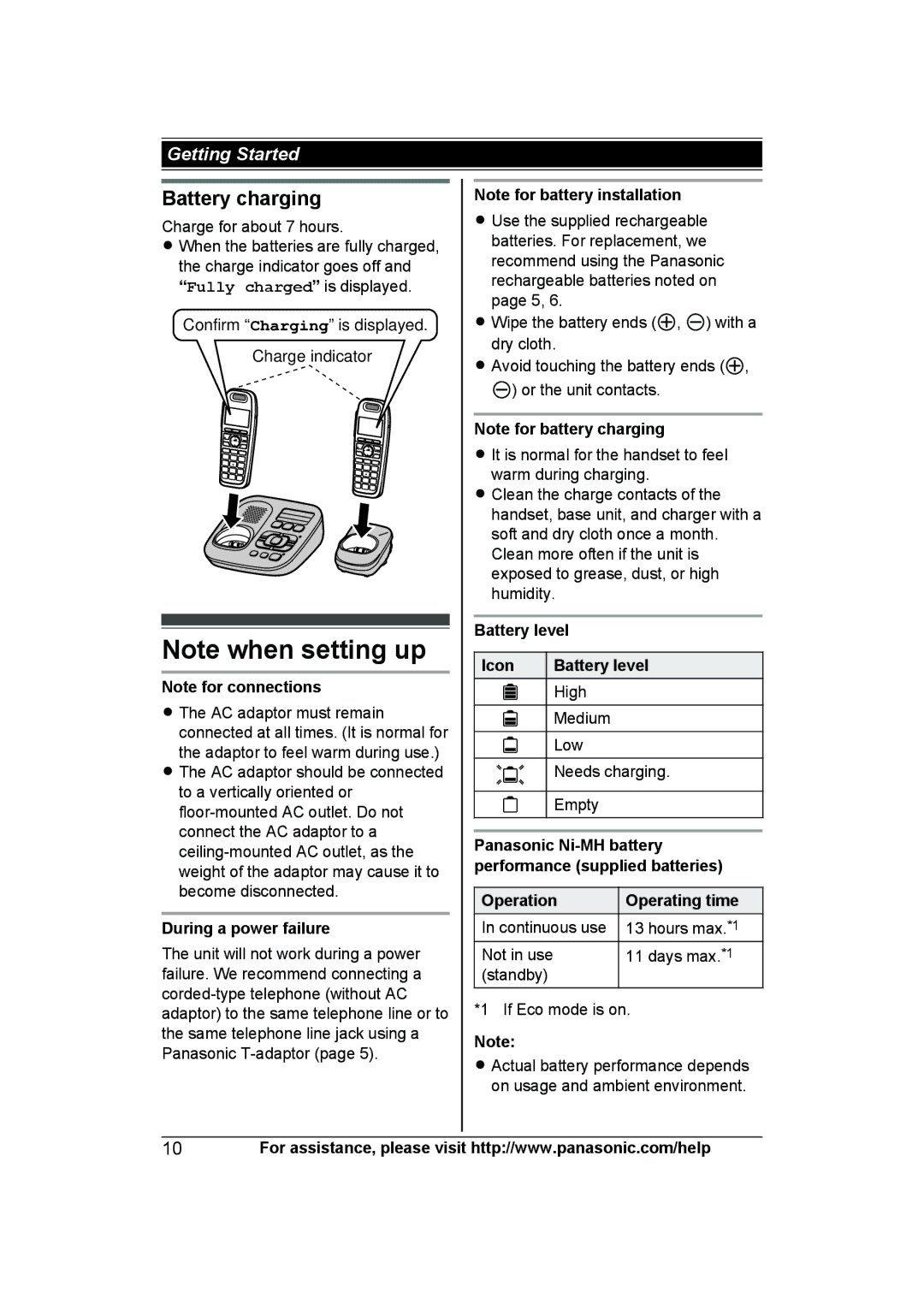 Panasonic KXTG6592T, KX-TG6592T Battery charging, During a power failure, Battery level Icon, Operation Operating time 