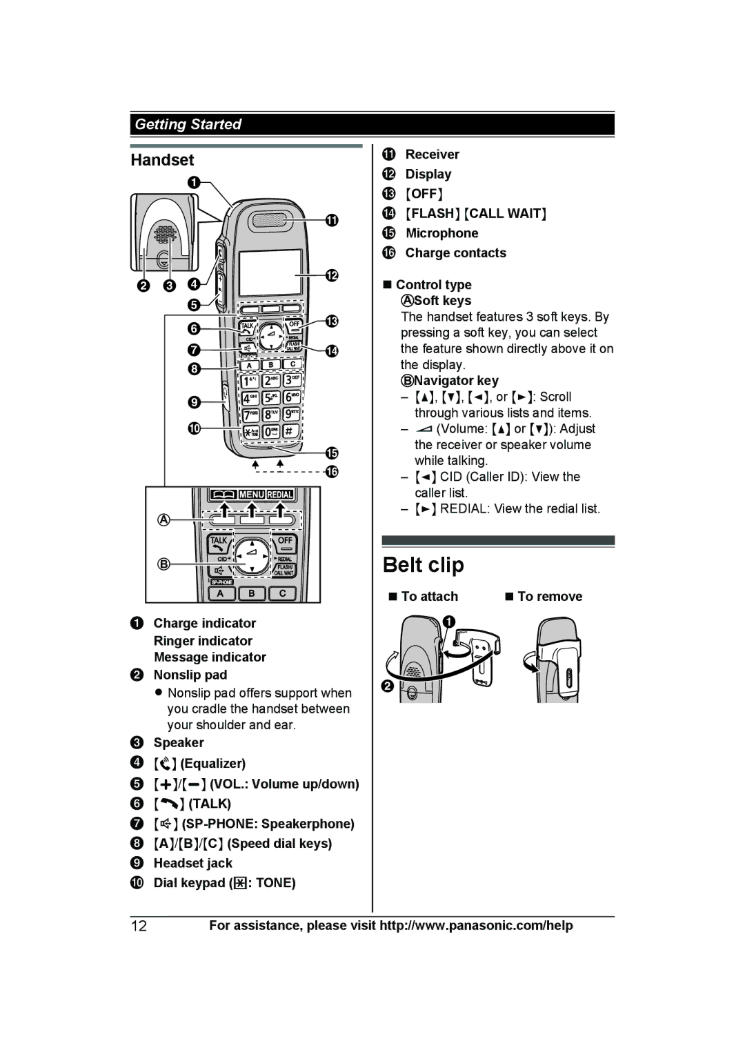 Panasonic KX-TG6592T, KX-TG6591T, KXTG6592T, KXTG6591T operating instructions Belt clip, Handset, Moffn Mflashn Mcall Waitn 