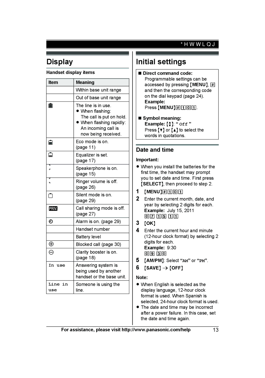 Panasonic KX-TG6592T, KX-TG6591T, KXTG6592T, KXTG6591T Display, Initial settings, Date and time, Use, Line 