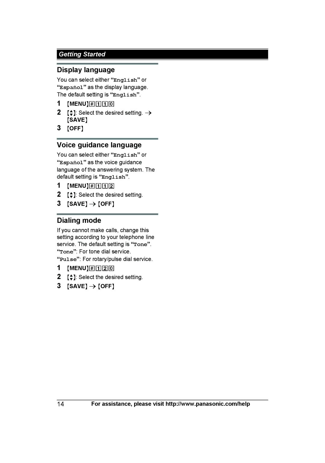 Panasonic KX-TG6592T, KX-TG6591T, KXTG6592T Display language, Voice guidance language, Dialing mode, Msaven Moffn 