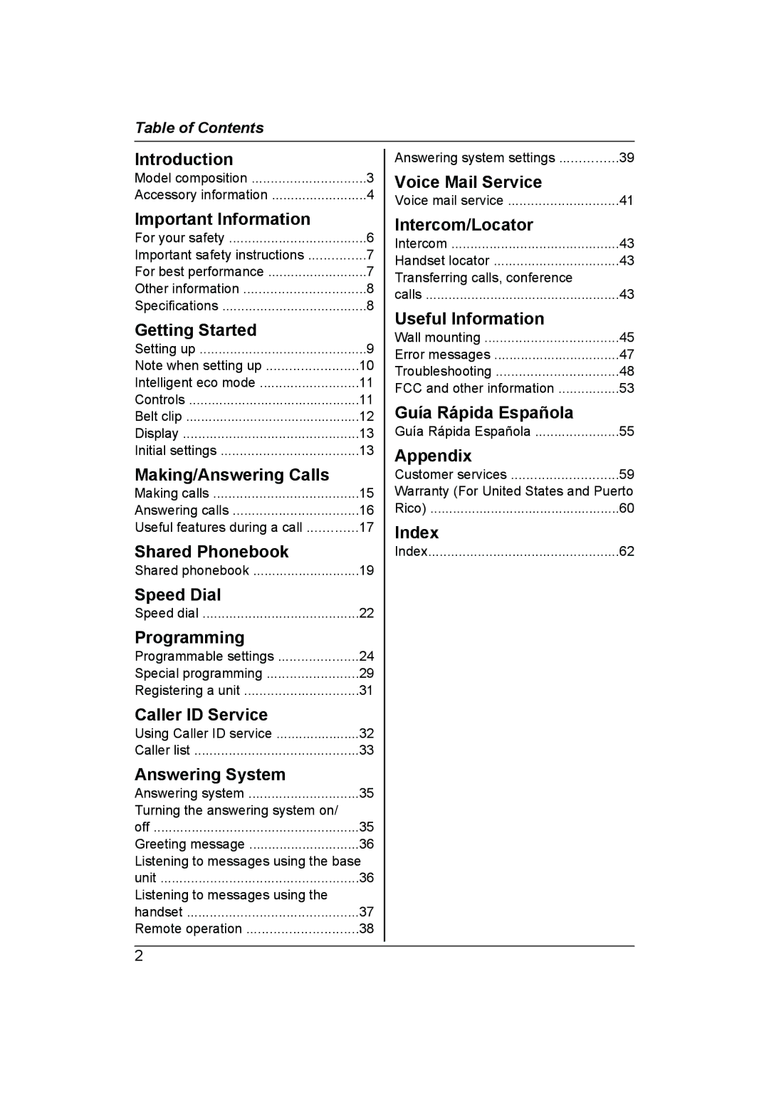 Panasonic KX-TG6591 Introduction, Important Information, Getting Started, Making/Answering Calls, Shared Phonebook, Index 