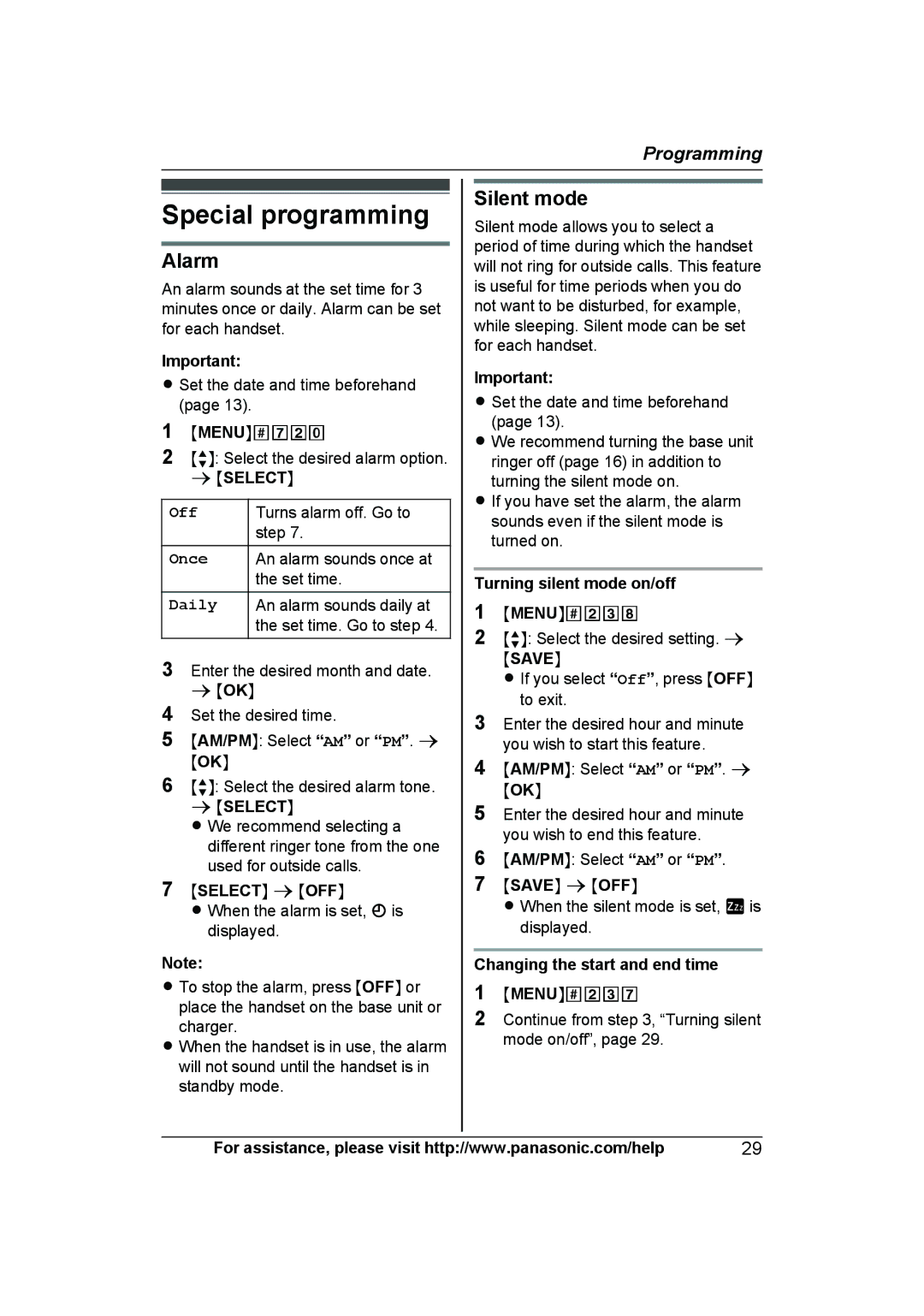 Panasonic KXTG6591T, KX-TG6592T, KX-TG6591T, KXTG6592T operating instructions Special programming, Alarm, Silent mode, Off 