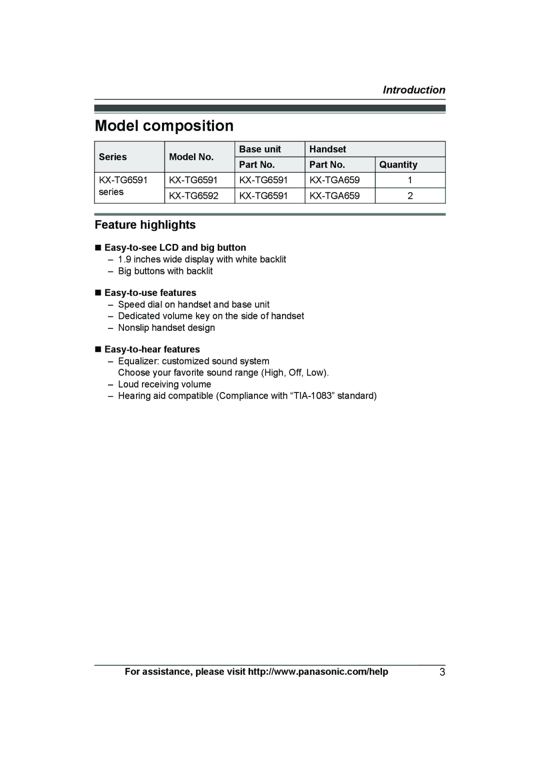 Panasonic KX-TG6591T, KX-TG6592T, KXTG6592T, KXTG6591T operating instructions Model composition, Feature highlights 