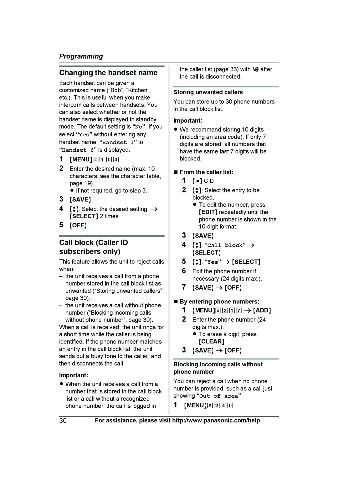 Panasonic KX-TG6592T Changing the handset name, Call block Caller ID subscribers only, MbN Call block a, Mclearn 