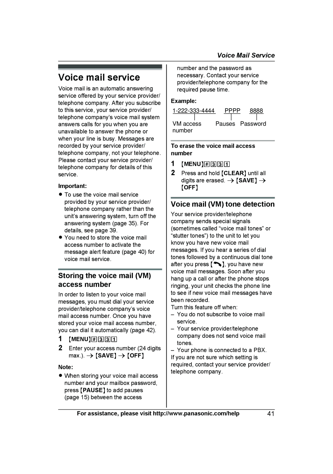 Panasonic KXTG6591T, KX-TG6592T Voice mail service, Storing the voice mail VM access number, Voice mail VM tone detection 