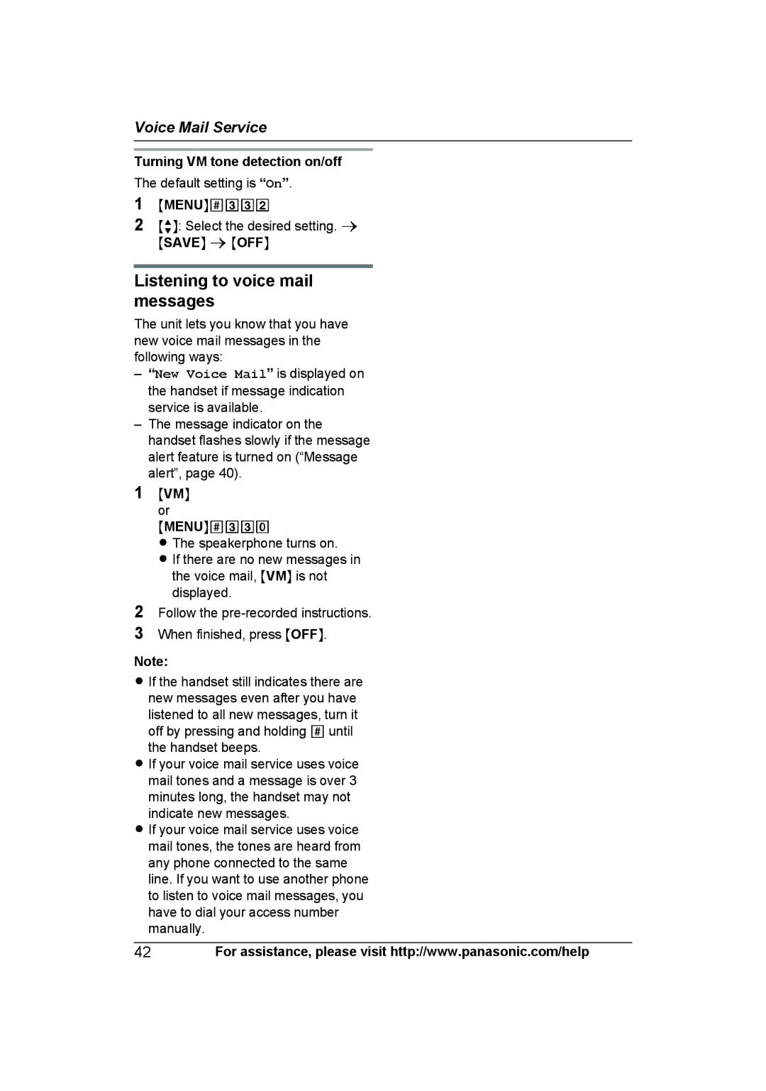 Panasonic KX-TG6592T, KX-TG6591T, KXTG6592T, KXTG6591T Listening to voice mail messages, Turning VM tone detection on/off 