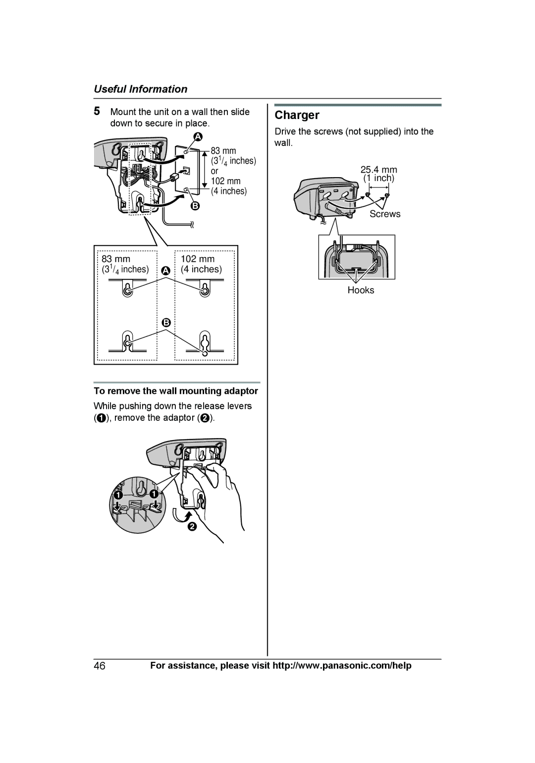 Panasonic KXTG6592T, KX-TG6592T, KX-TG6591T, KXTG6591T operating instructions Charger, To remove the wall mounting adaptor 