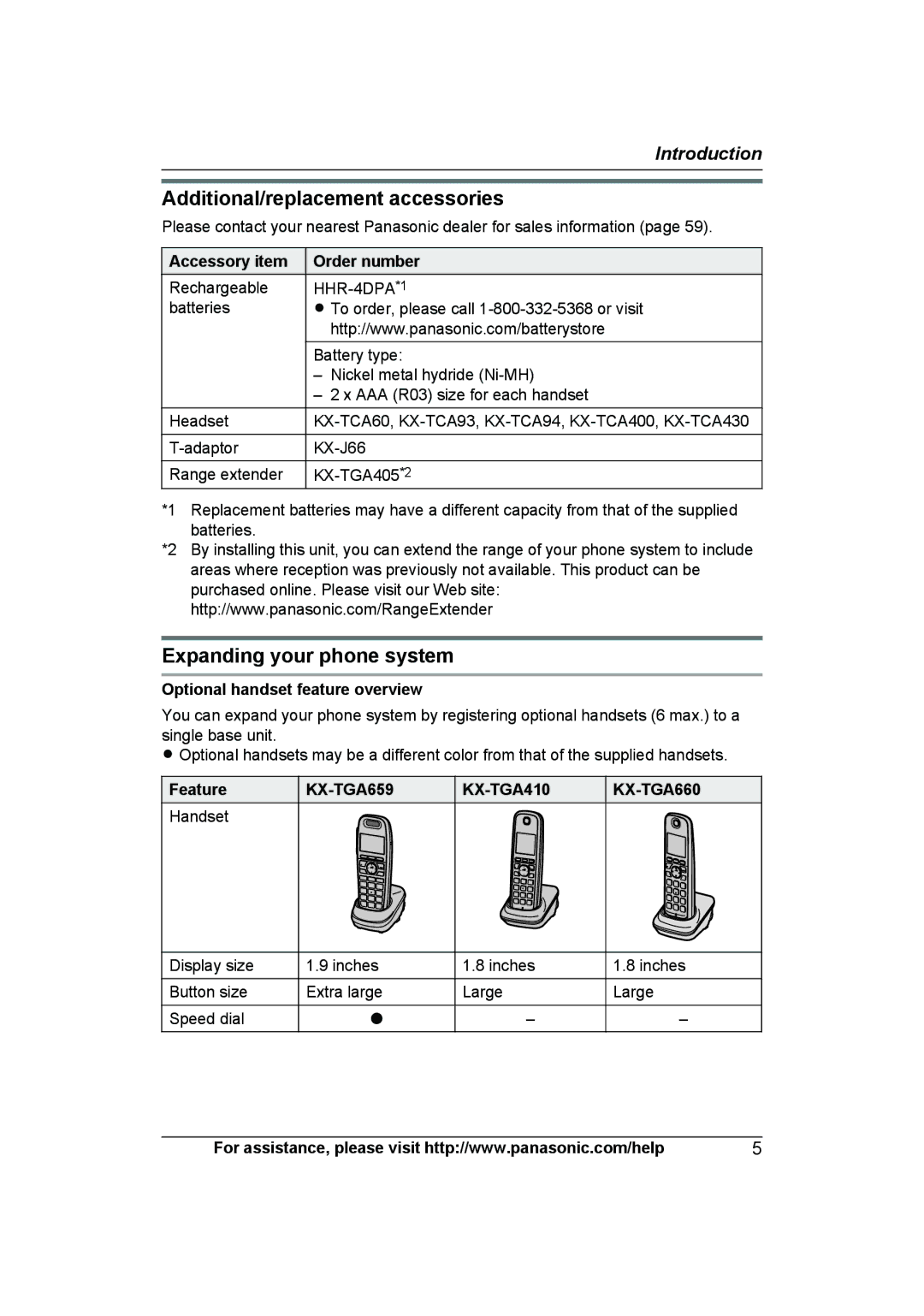 Panasonic KXTG6591T Additional/replacement accessories, Expanding your phone system, Accessory item Order number 