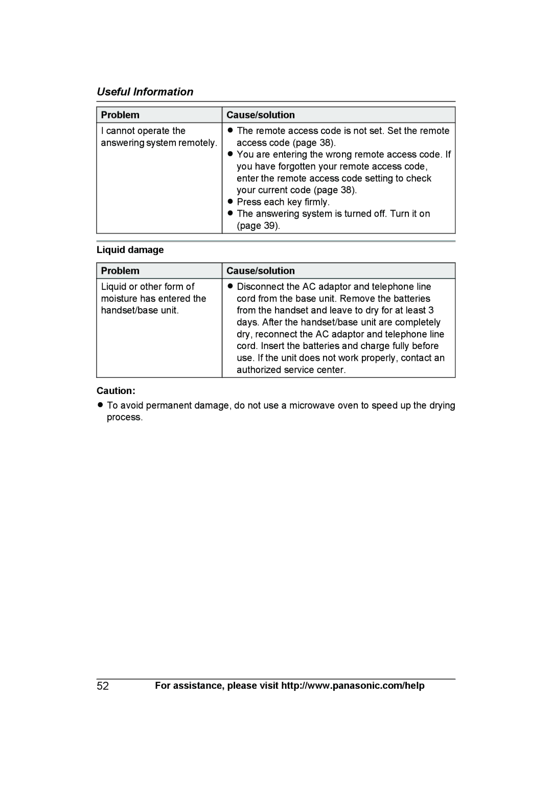 Panasonic KXTG6592T, KX-TG6592T, KX-TG6591T, KXTG6591T operating instructions Liquid damage Problem Cause/solution 