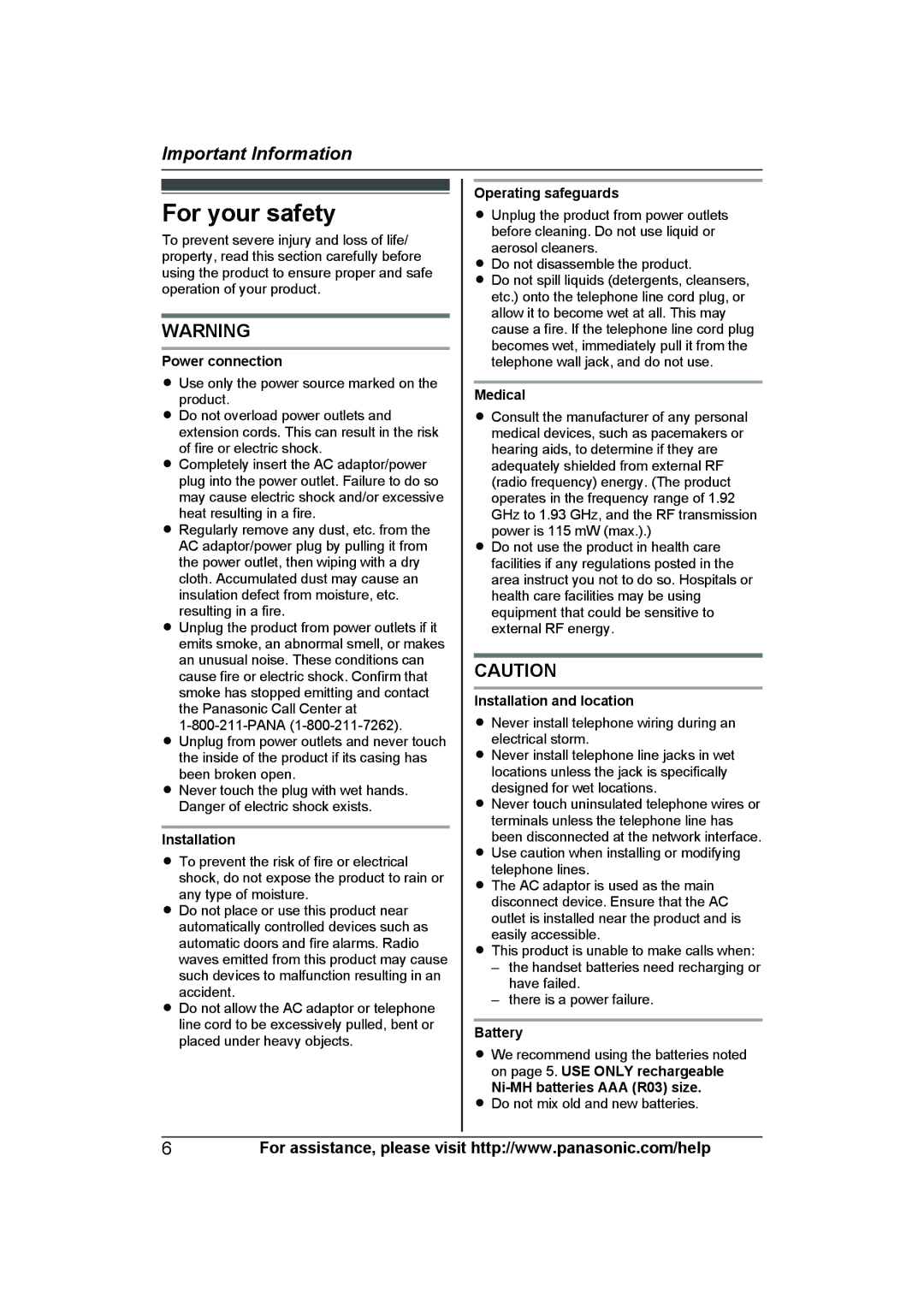 Panasonic KX-TG6592T, KX-TG6591T, KXTG6592T, KXTG6591T operating instructions For your safety 