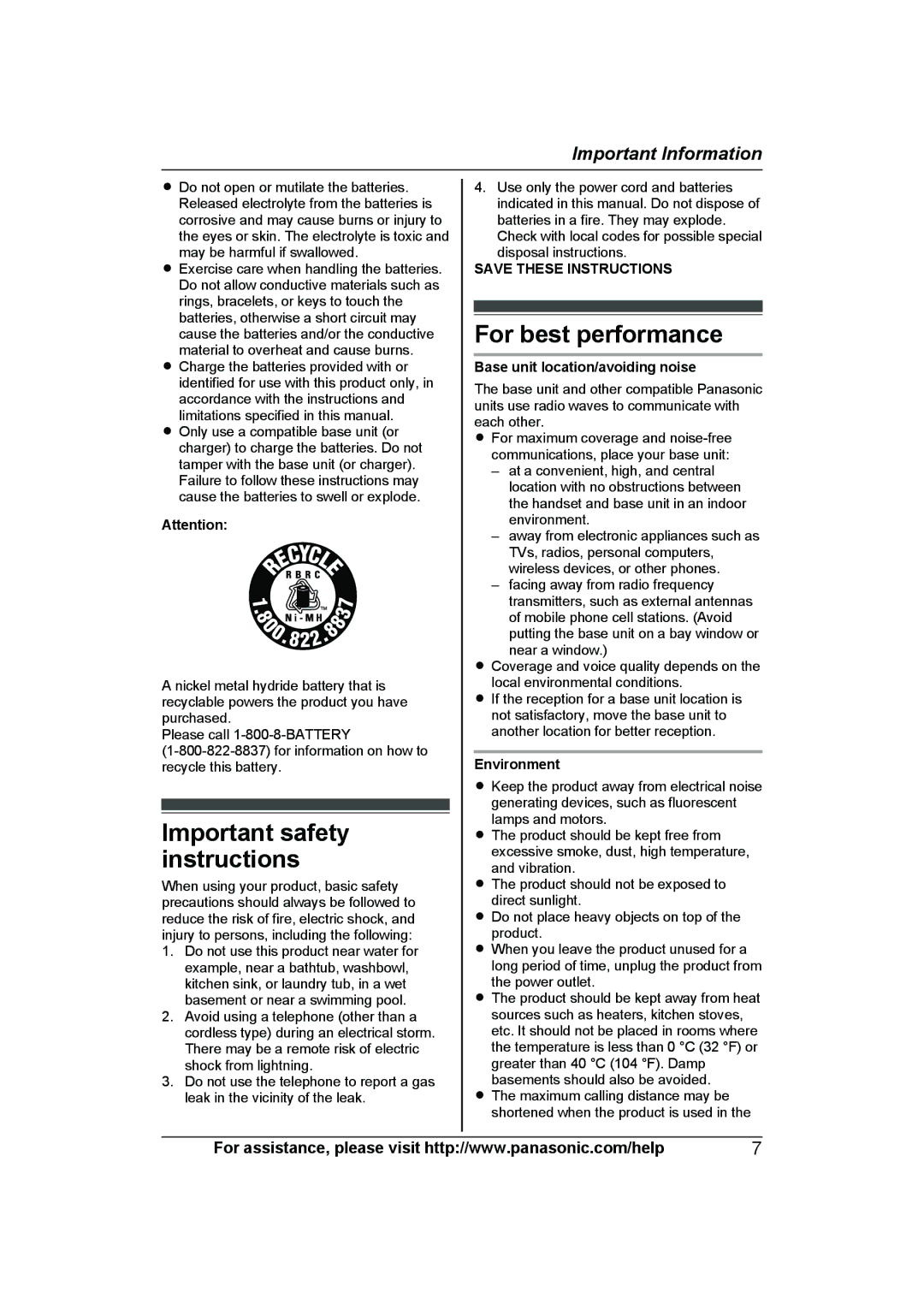 Panasonic KX-TG6592T, KX-TG6591T, KXTG6592T, KXTG6591T operating instructions Important safety instructions 