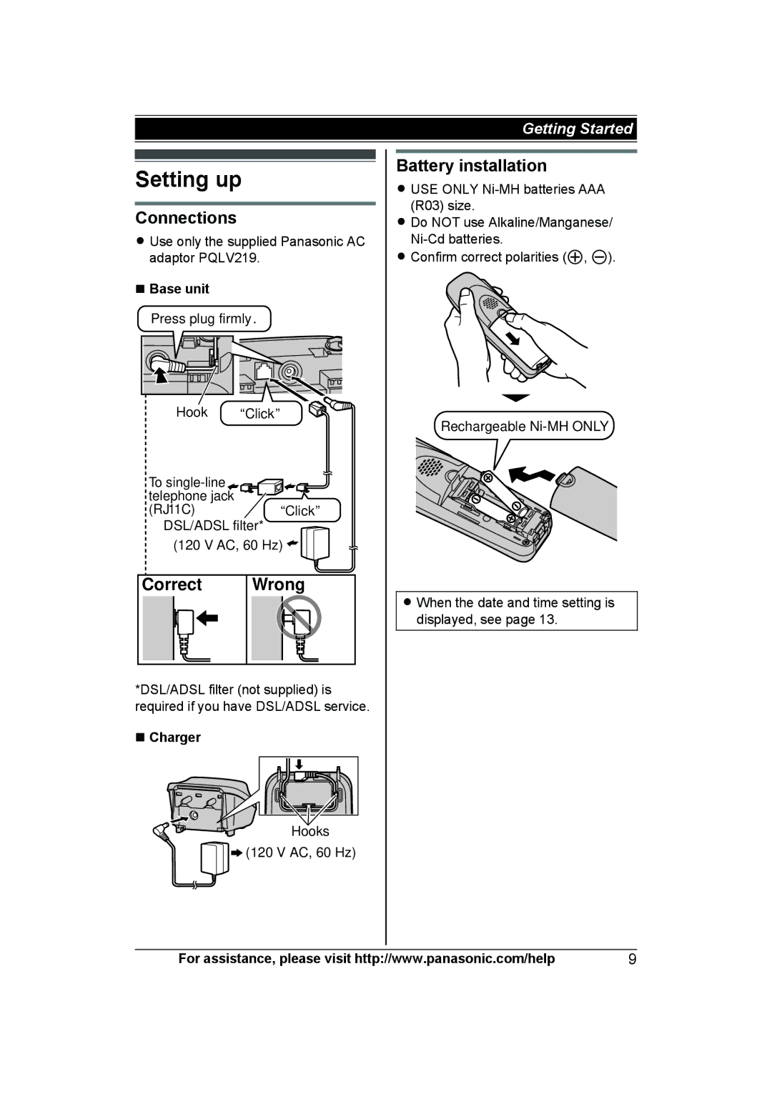 Panasonic KX-TG6591T, KX-TG6592T, KXTG6592T, KXTG6591T Setting up, Connections, Correct Wrong, Battery installation, Charger 