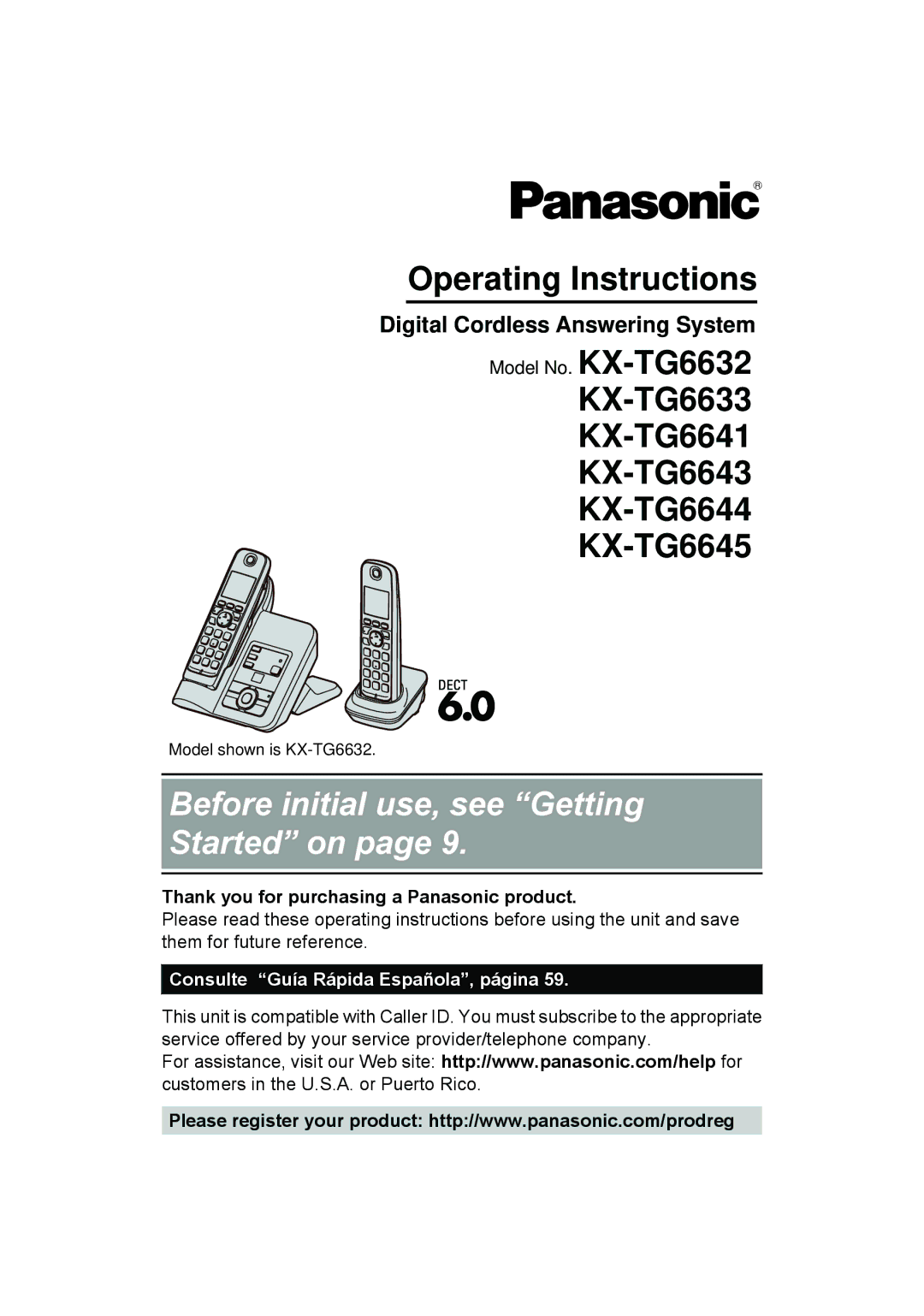 Panasonic KX-TG6644B, KX-TG6643, KX-TG6632, KX-TG6633 operating instructions Before initial use, see Getting Started on 